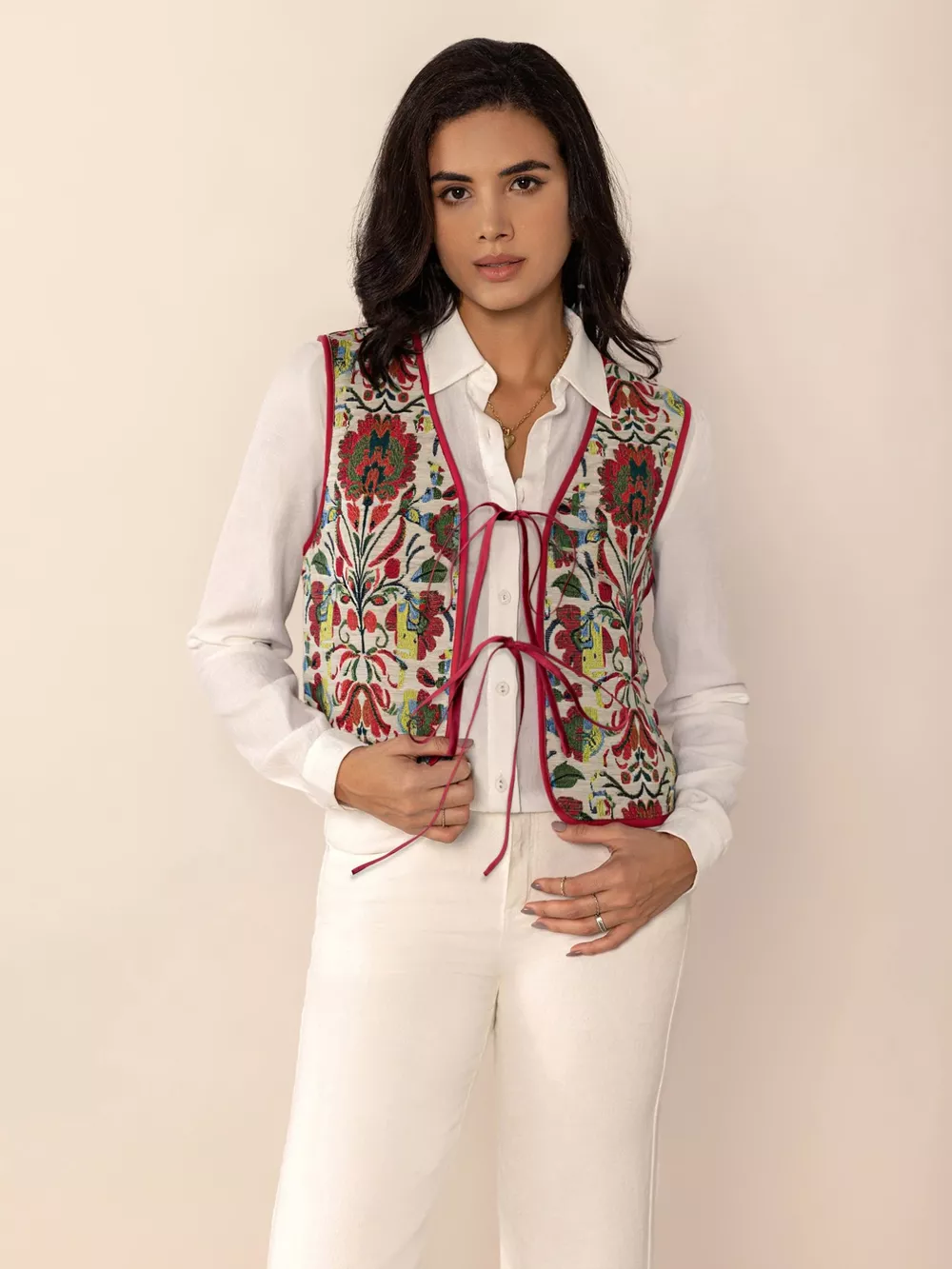 Floral Embroidered Tie-Front Vest Coat, image 3