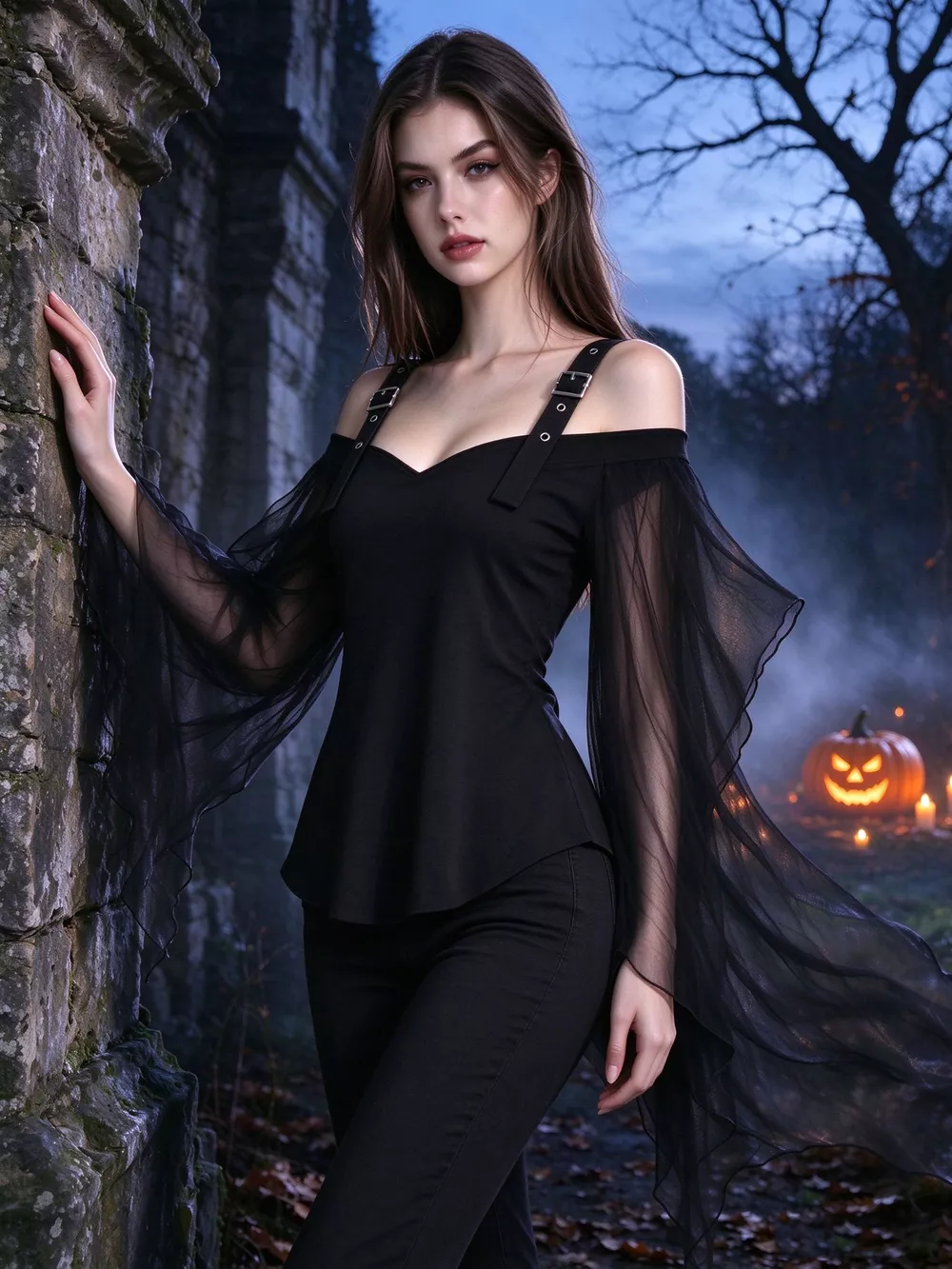 Halloween Gothic Buckle Strap Mesh Sleeve Top