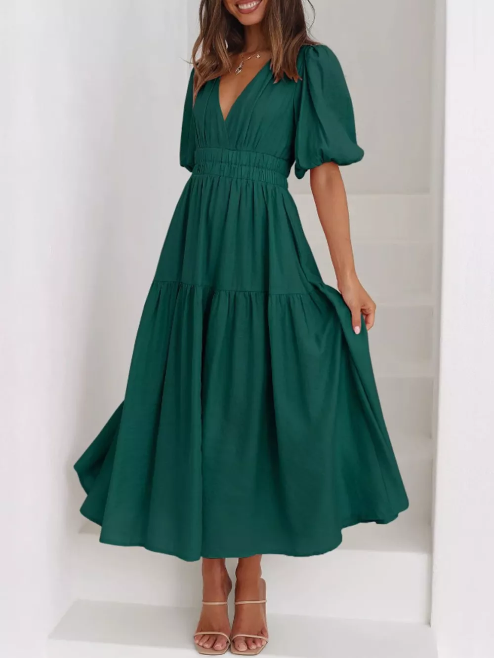 Elegant Puff Sleeve V-Neck Midi Dress, image 24