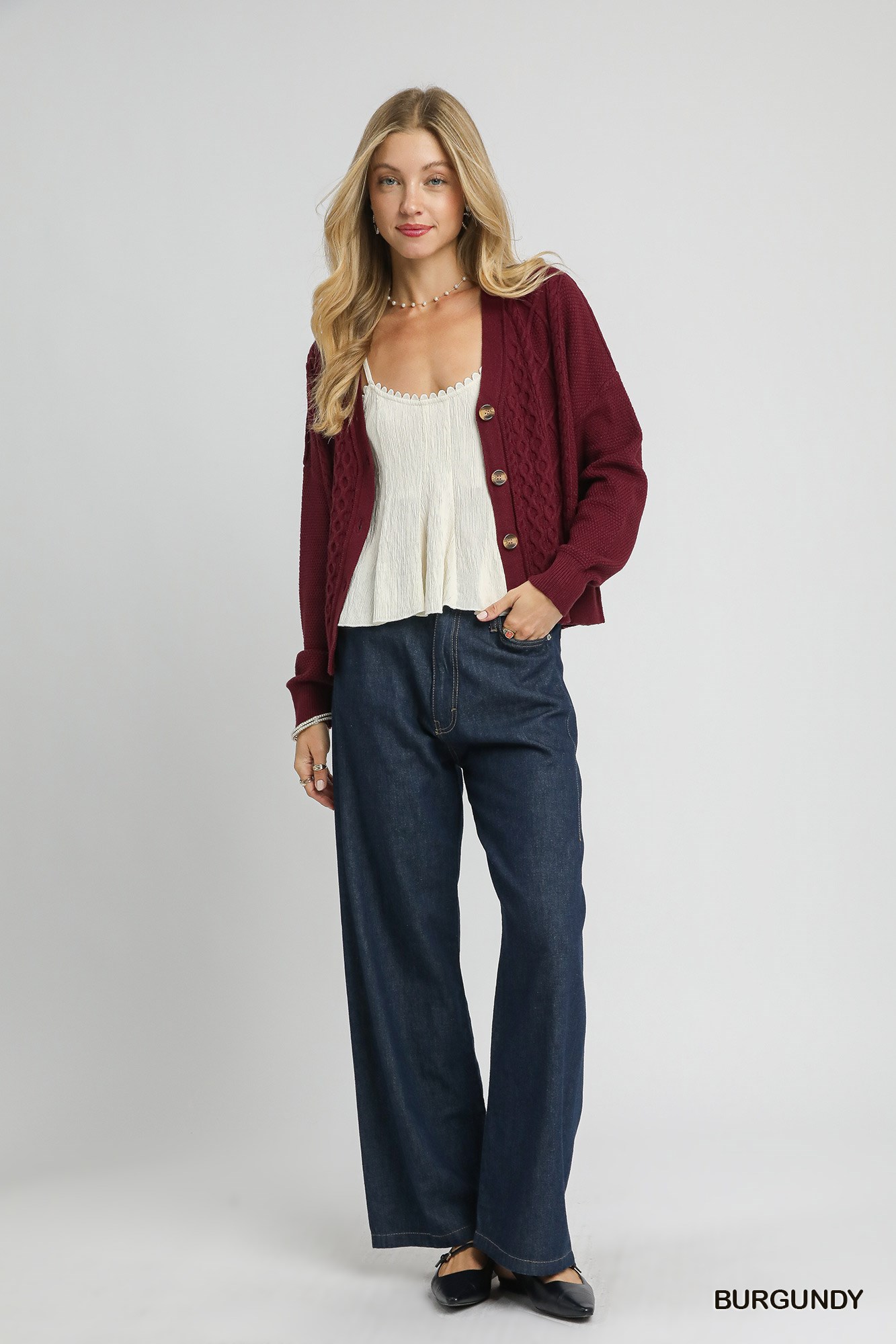 Chunky Cable Knit V-Neck Button-Up Cardigan, image 3