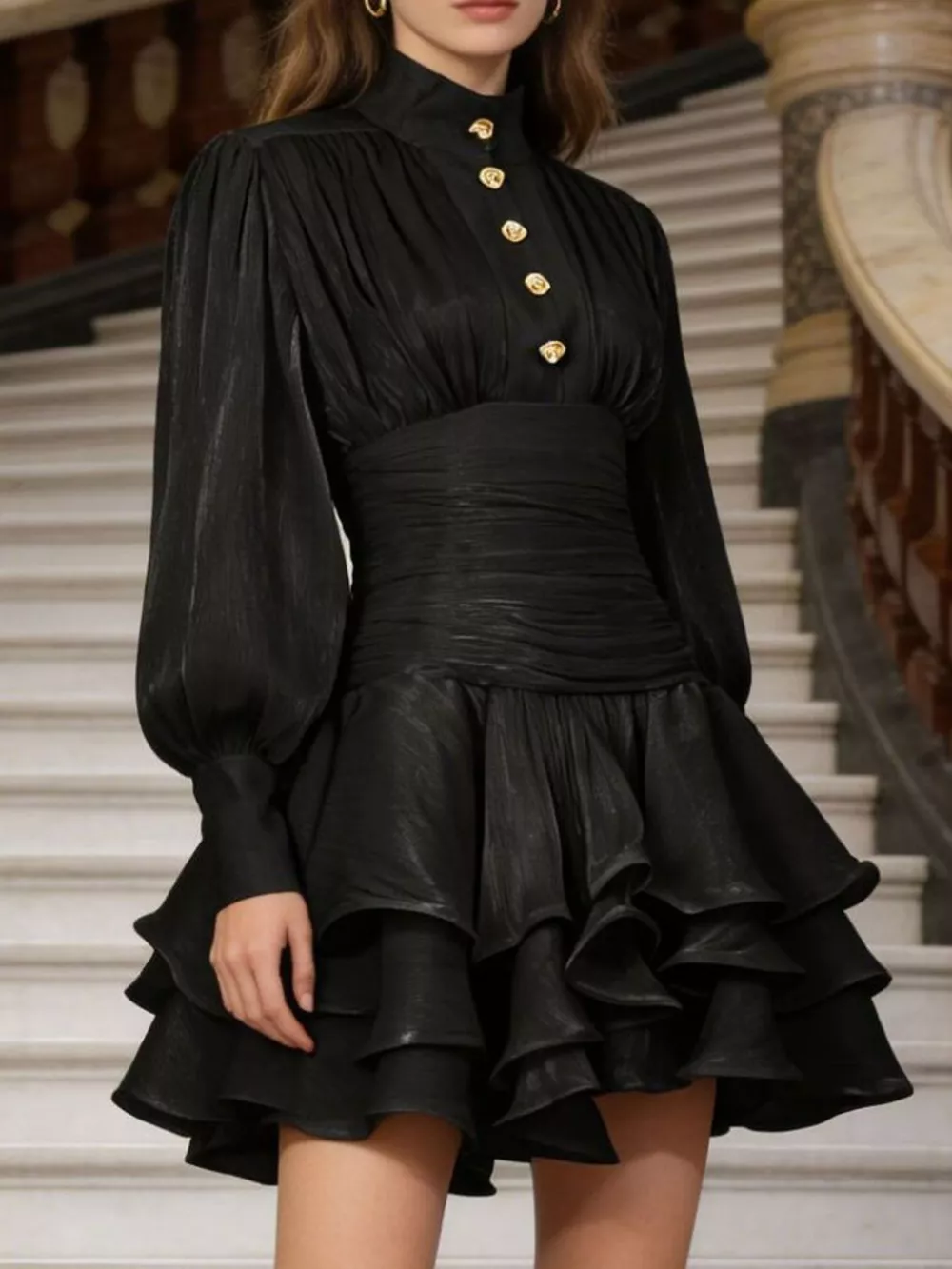 Ruffled Layered Lantern Sleeve Mini Dress, image 2
