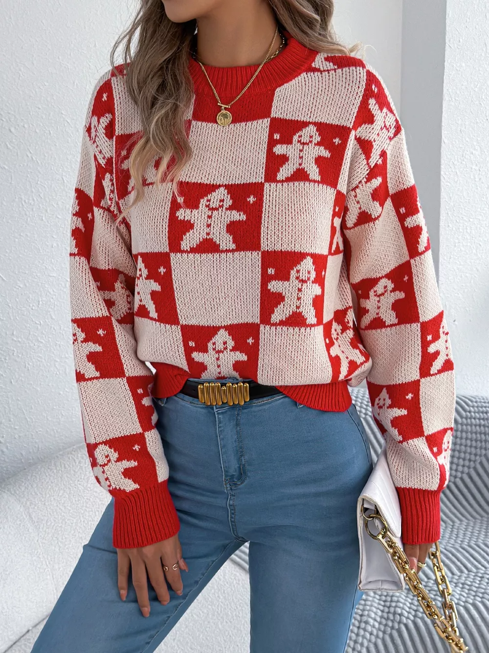 Christmas Checkerboard Gingerbread Round Neck Sweater, image 7