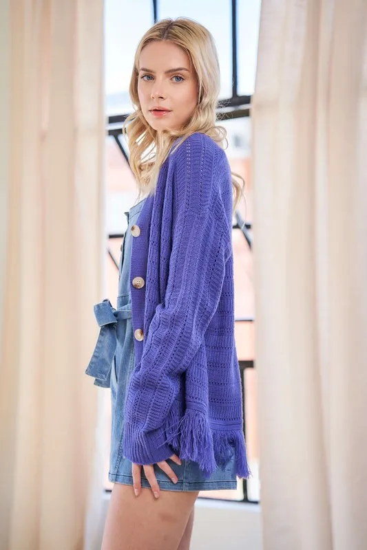 Fringe V-Neck Button Up Long Sleeve Cardigan, image 3