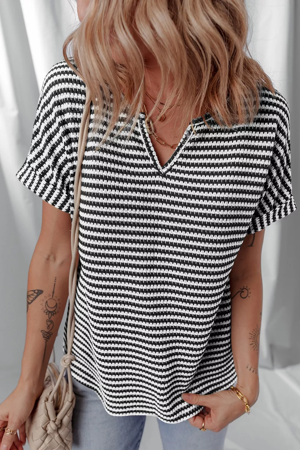 Stripe Textured Knit Notched Neck Cuffed Short Sleeve Top, image 2