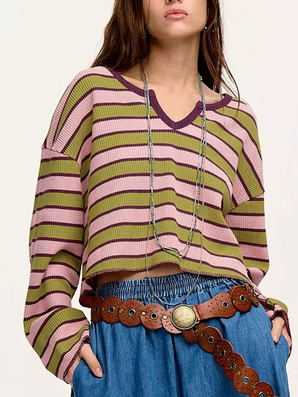 Stripes Waffle Texture Notched Neck Long Sleeve Top, image 2