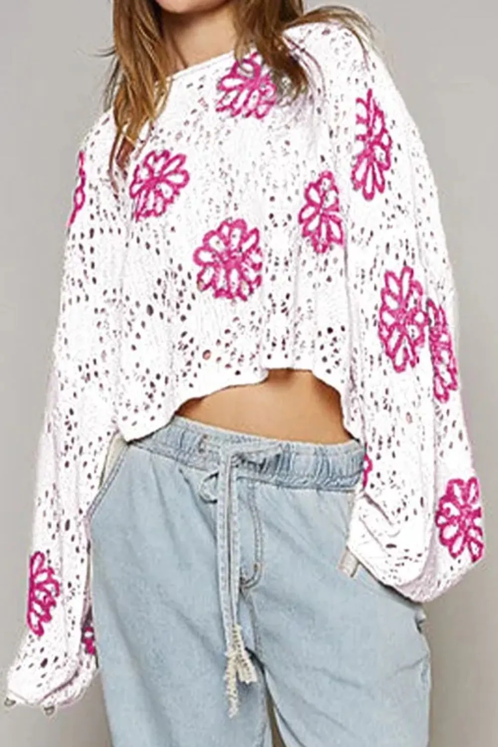 Openwork Round Neck Long Sleeve Knit Top, image 2