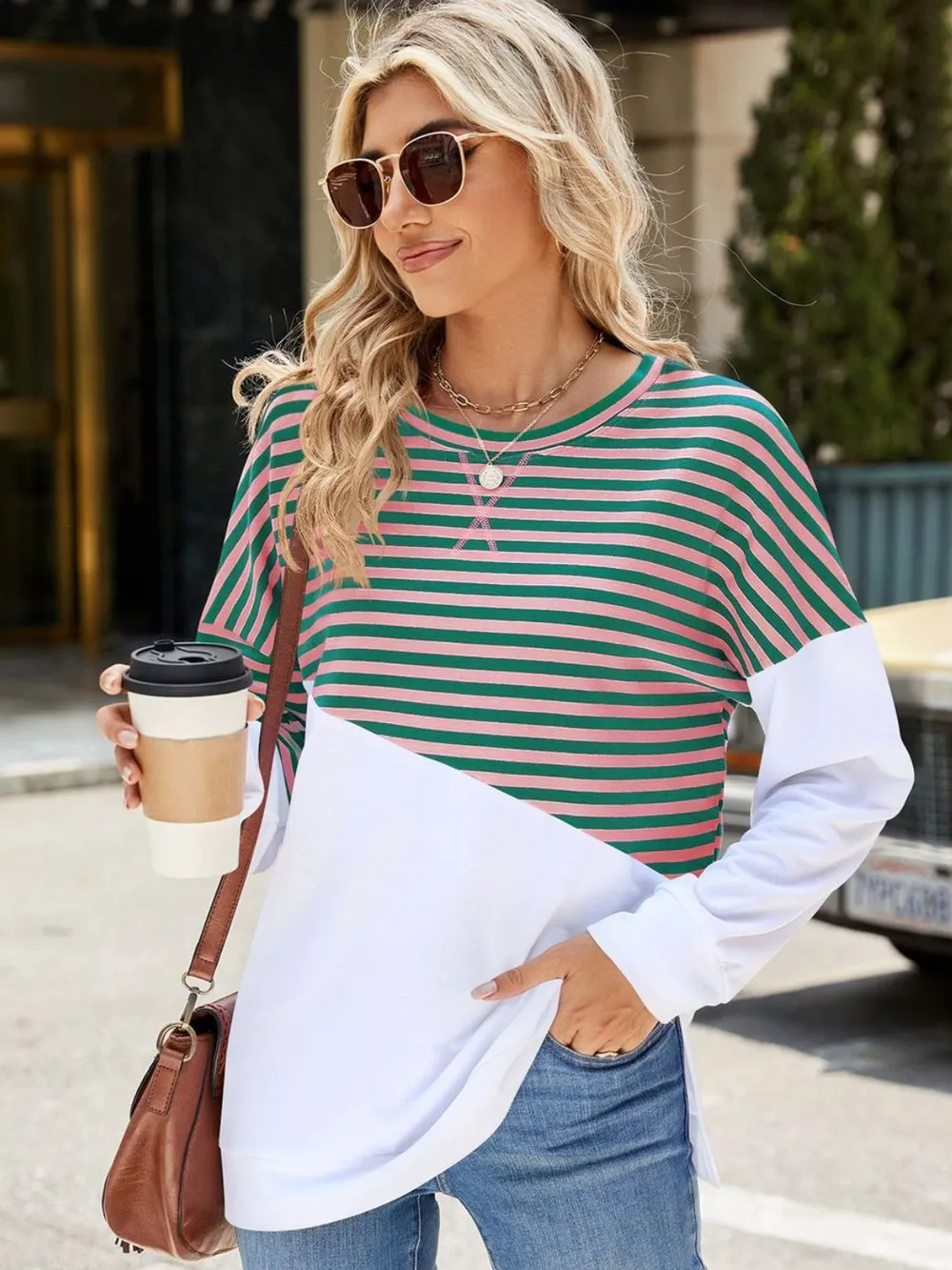 Slit Contrast Striped Long Sleeve Sweatshirt, image 21