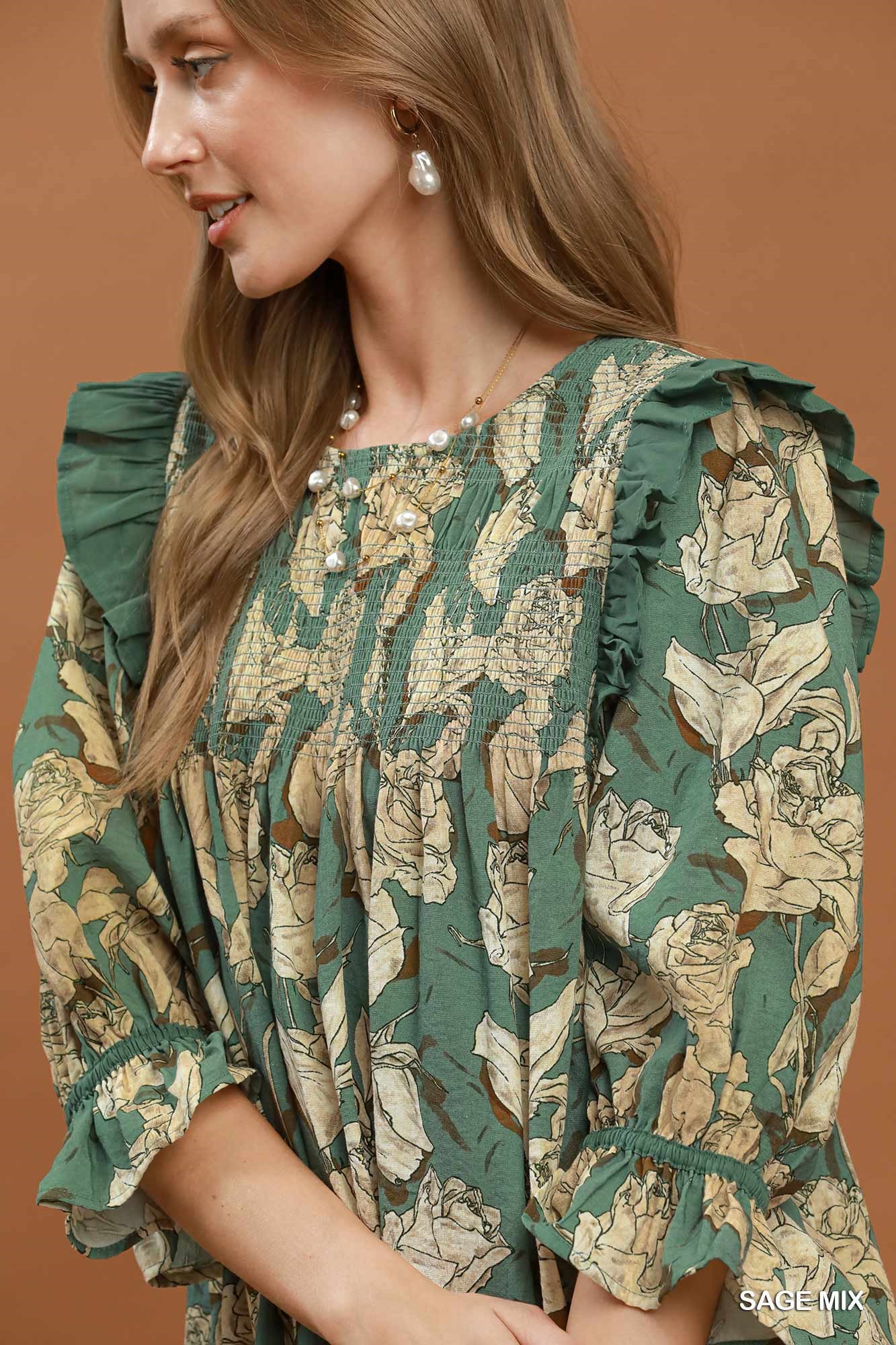 Mix Floral Print Smocked Ruffle Detail Flowy Dress, image 5