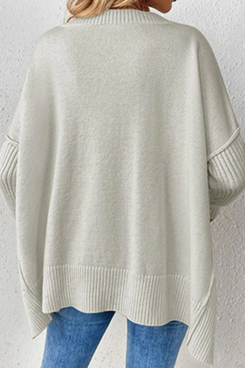Slit V-Neck Dropped Shoulder Sweater, image 9