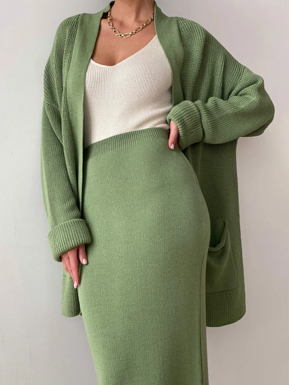 Pocketed Long Sleeve Cardigan and Skirt Sweater Set, image 9