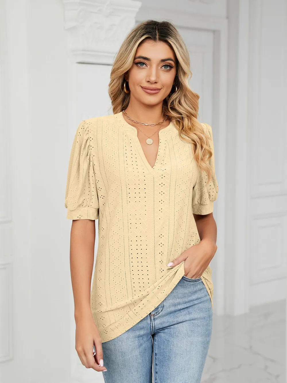 Eyelet Notched Short Sleeve T-Shirt, image 17