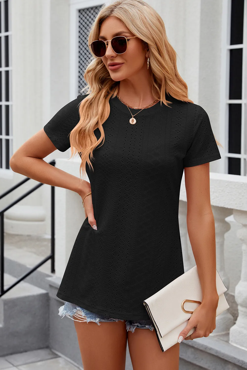 Eyelet Slit Round Neck Short Sleeve T-Shirt, image 19
