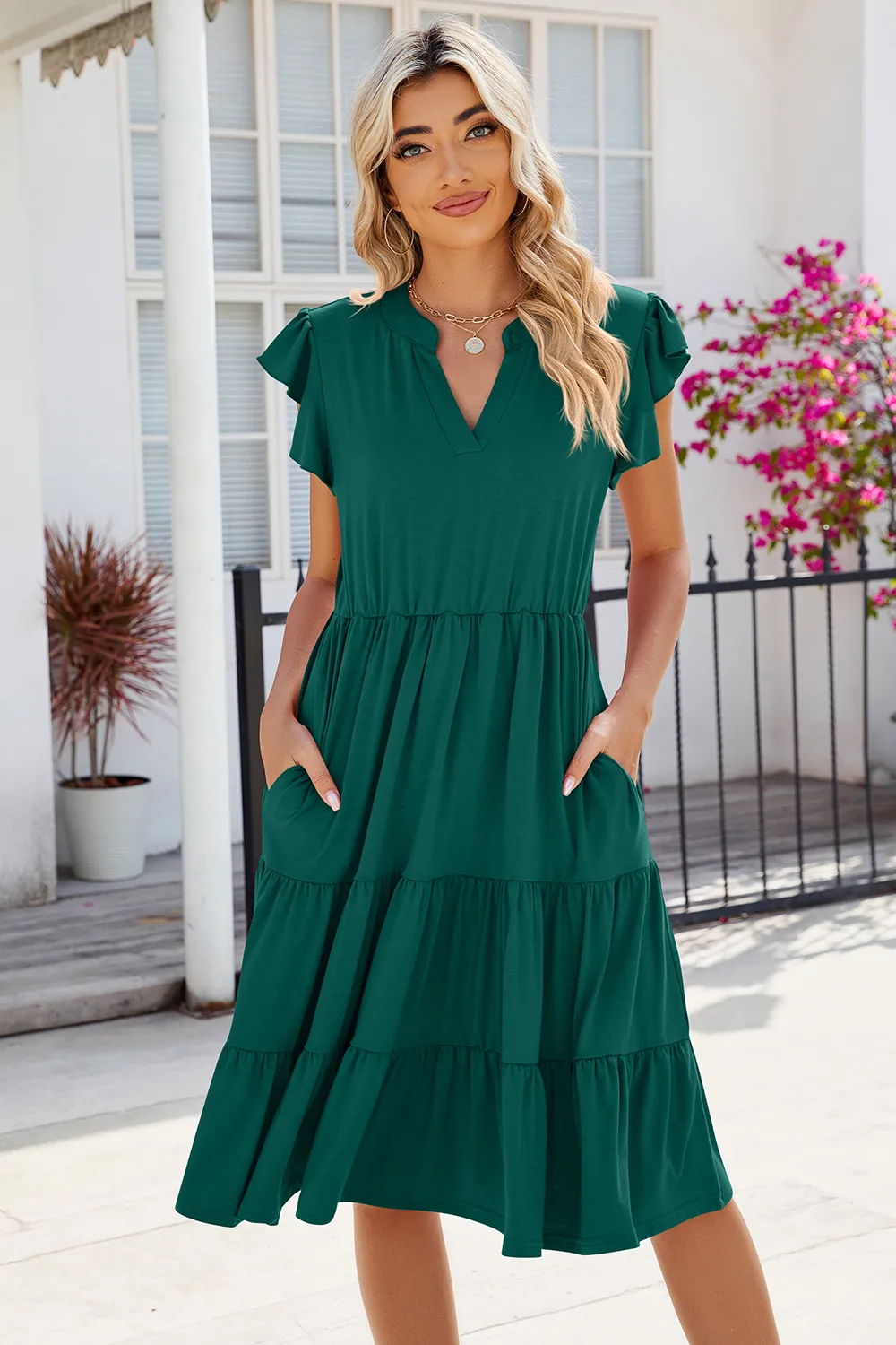 Ruched Notched Cap Sleeve Dress, image 8
