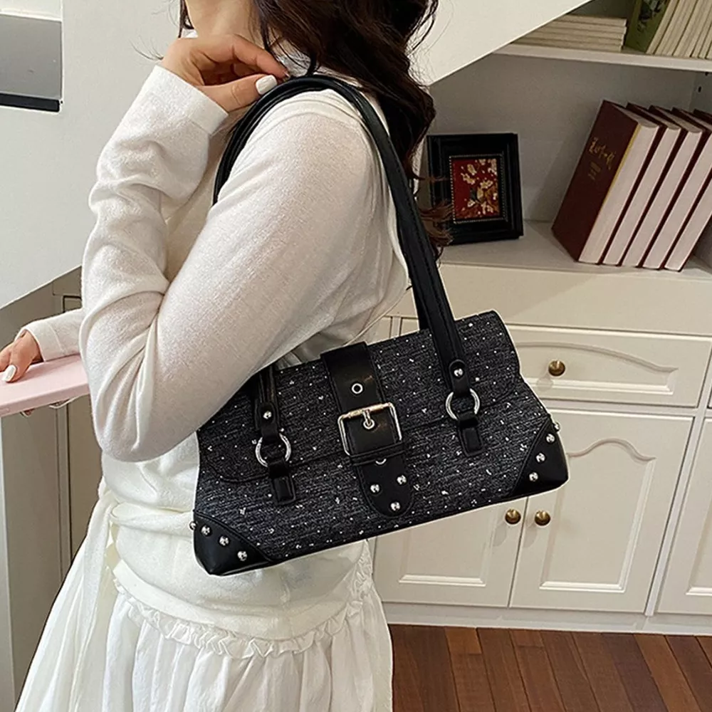 Studded Shoulder Bag with Buckle Detail