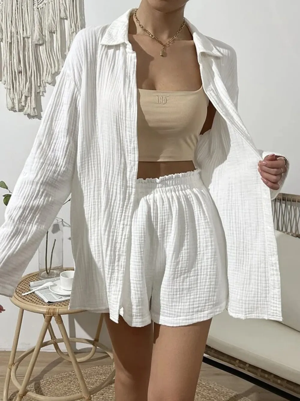 Dropped Shoulder Button Up Top and Elastic Waist Shorts Set, image 6