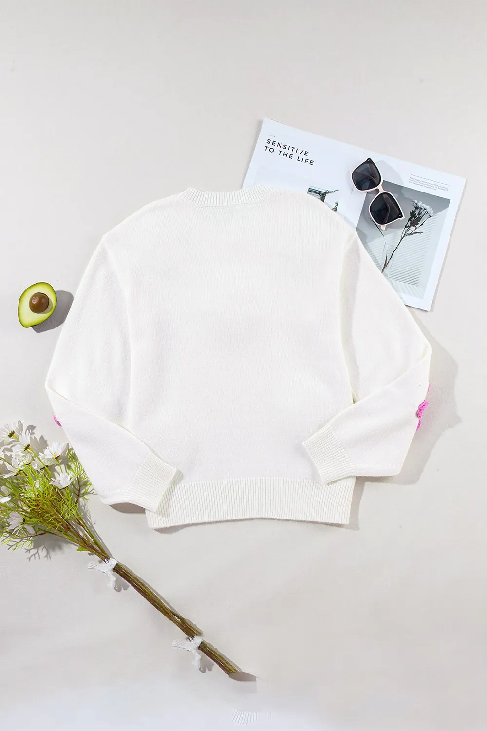 Crochet Flower Round Neck Long Sleeve Sweater, image 2