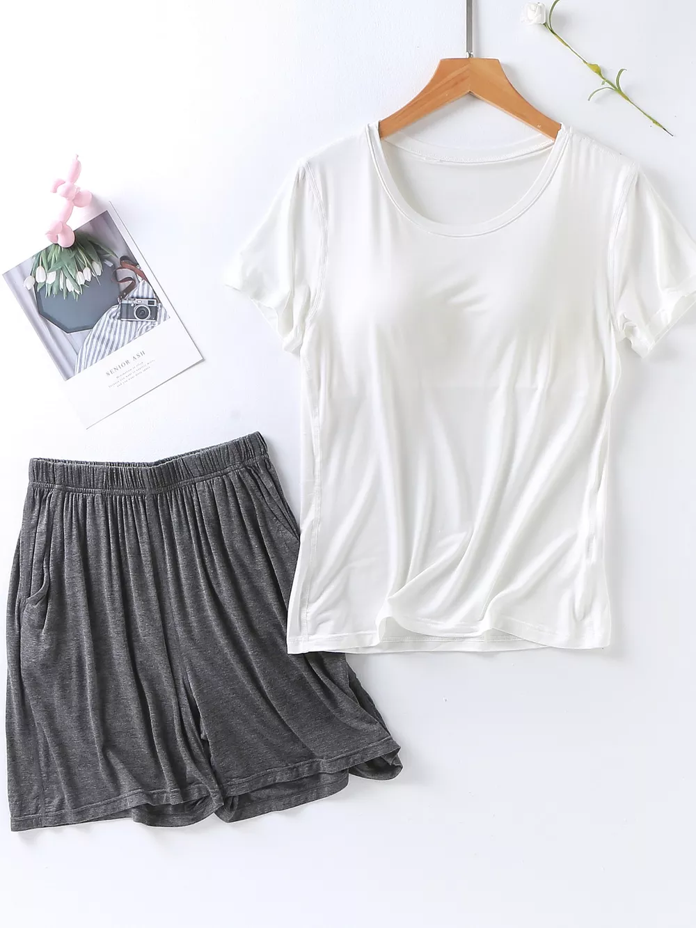Plus Size Padded Round Neck Modal T-Shirt and Shorts Set, image 2