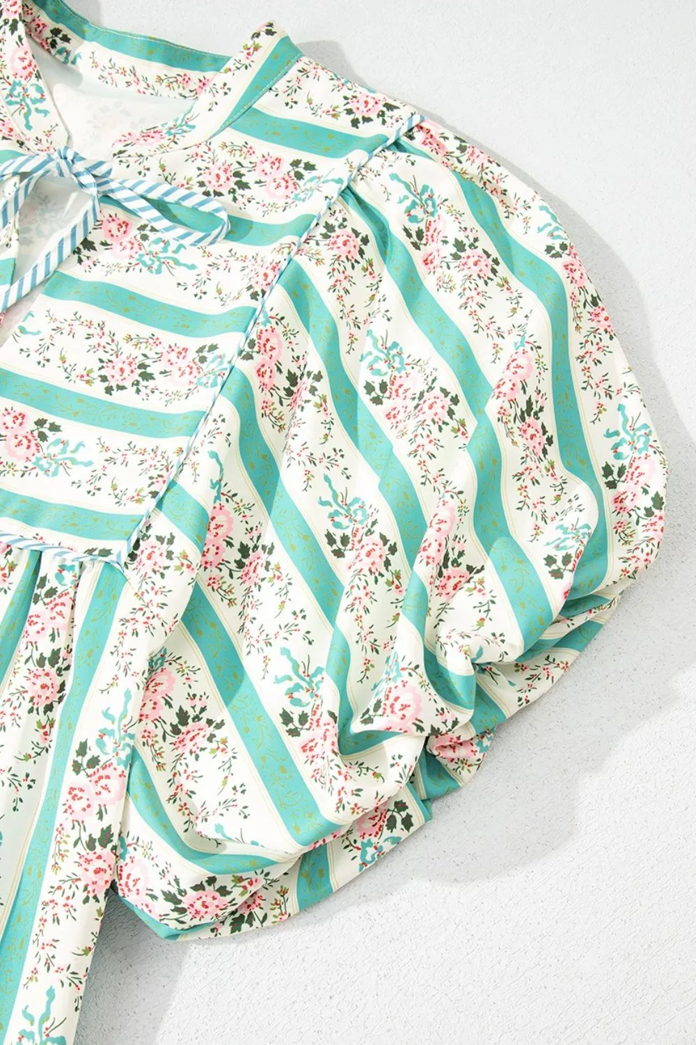 Striped Floral Print Tie Neck Puff Sleeve Midi Dress, image 4