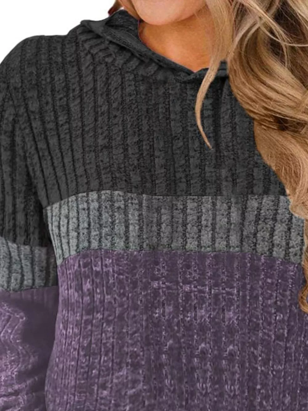 Full Size Color Block Ribbed Knit Hoodie Plus Size, image 6