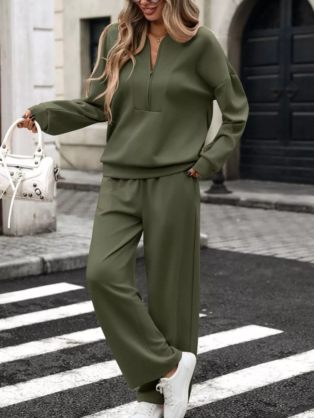 Half Zip Sweatshirt and Wide-Leg Pants Set, image 5