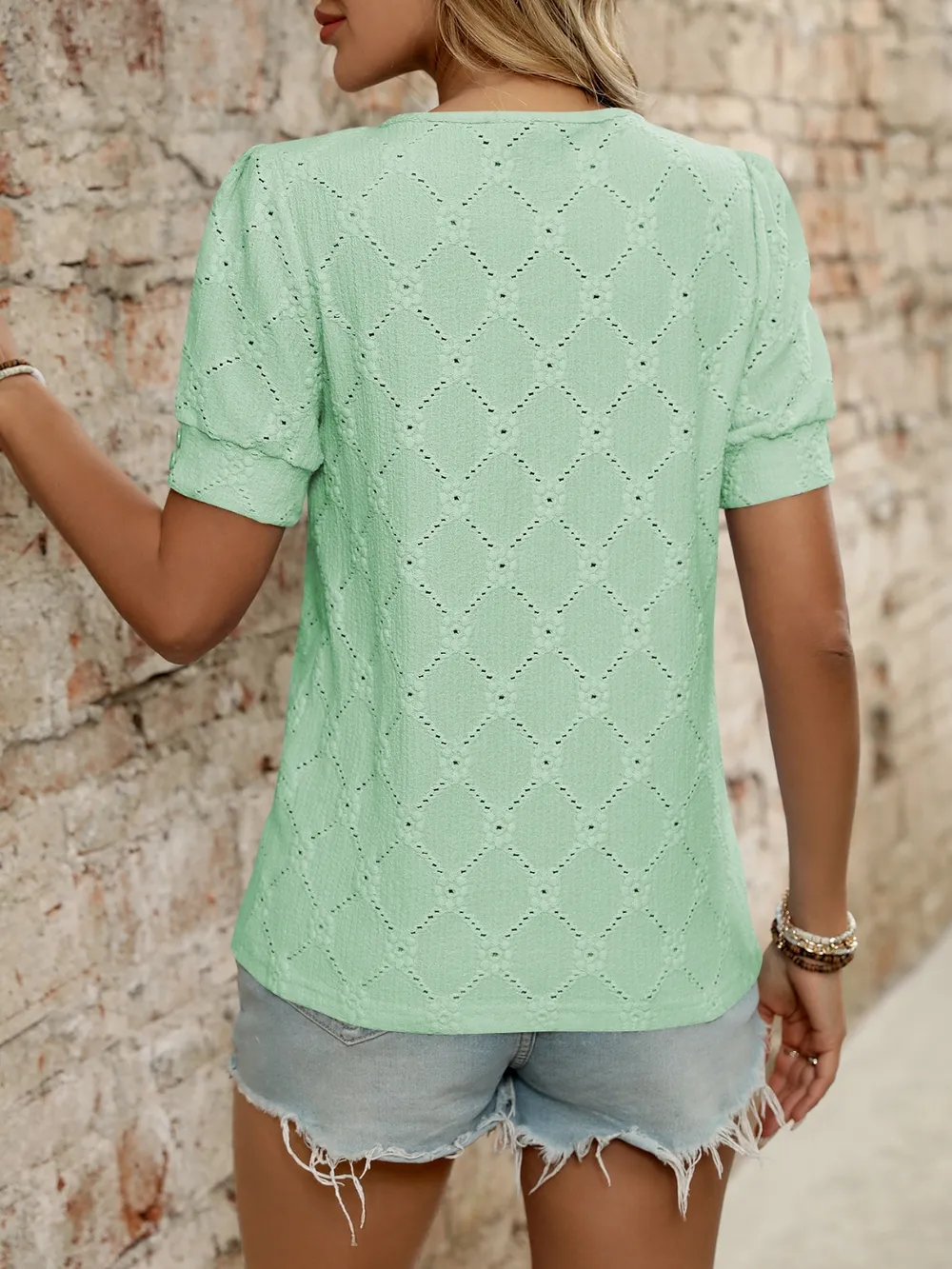 Eyelet Round Neck Short Sleeve Top, image 5