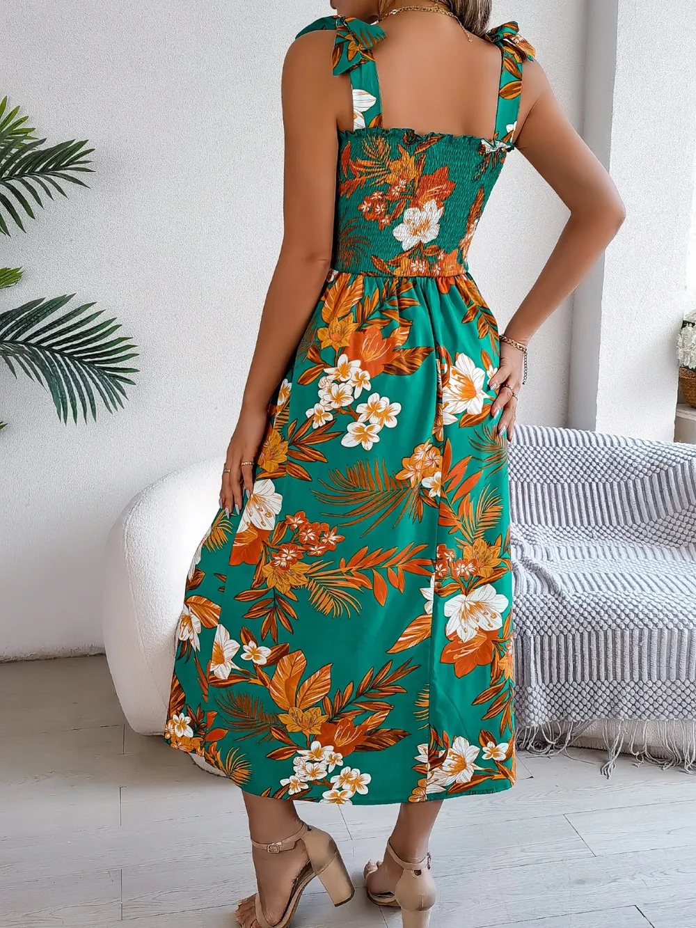 Smocked Floral Tie Shoulder Midi Dress, image 5