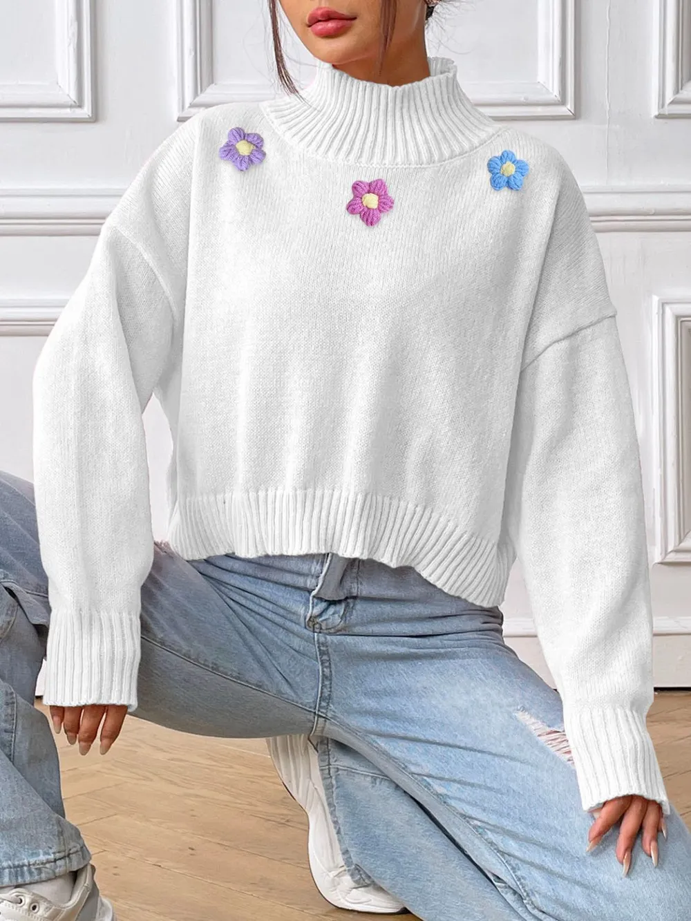 Flower Turtleneck Long Sleeve Sweater, image 5
