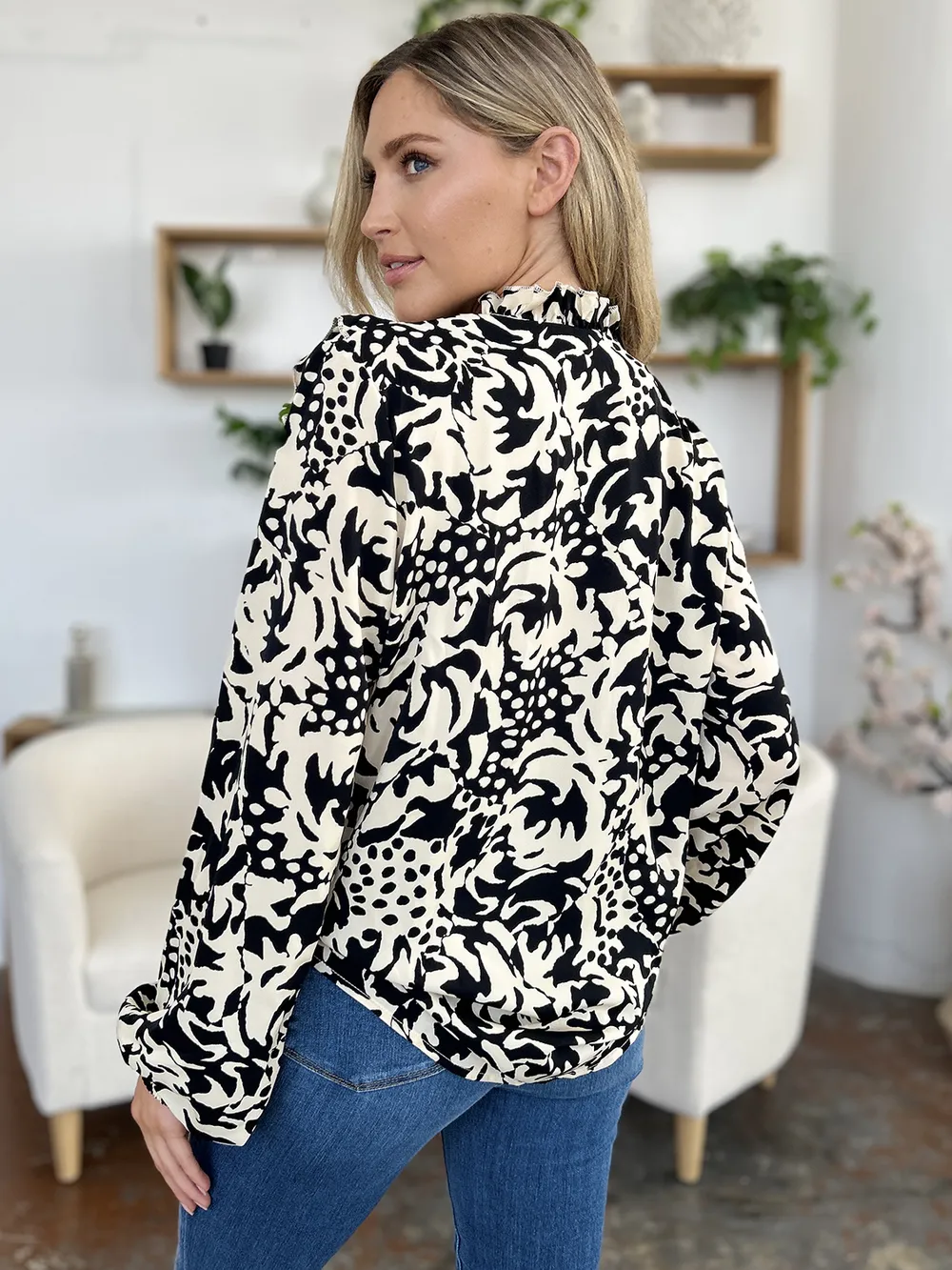Full Size Printed Ruffle Trim Balloon Sleeve Shirt, image 12