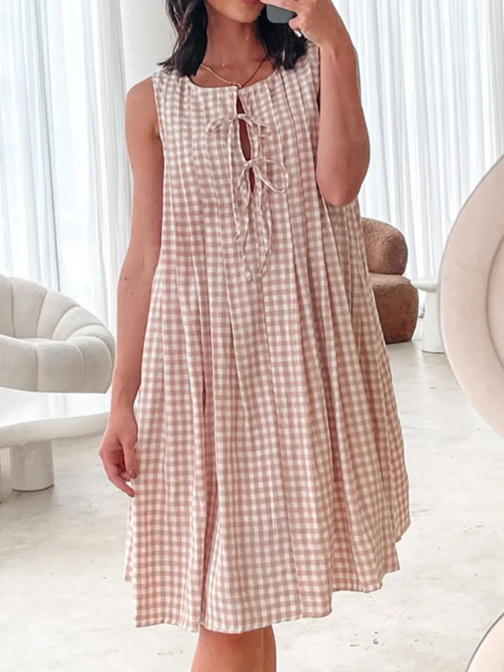 Tied Front Sleeveless Plaid Dress, image 4