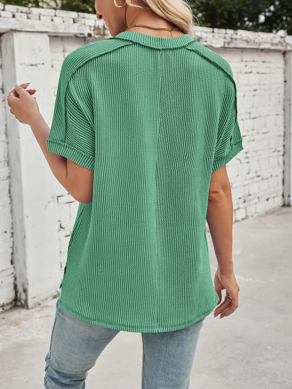 Cord Ribbed V-Neck Short Sleeve T-Shirt, image 4