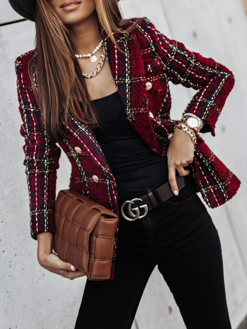 Full Size Plaid Tweed Double-Breasted Blazer Plus Size, image 4