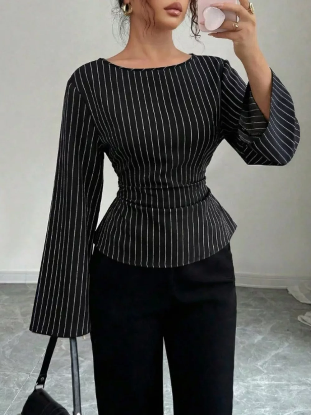 Elegant Pinstriped Bell Sleeve Blouse with Back Lace Up, image 2