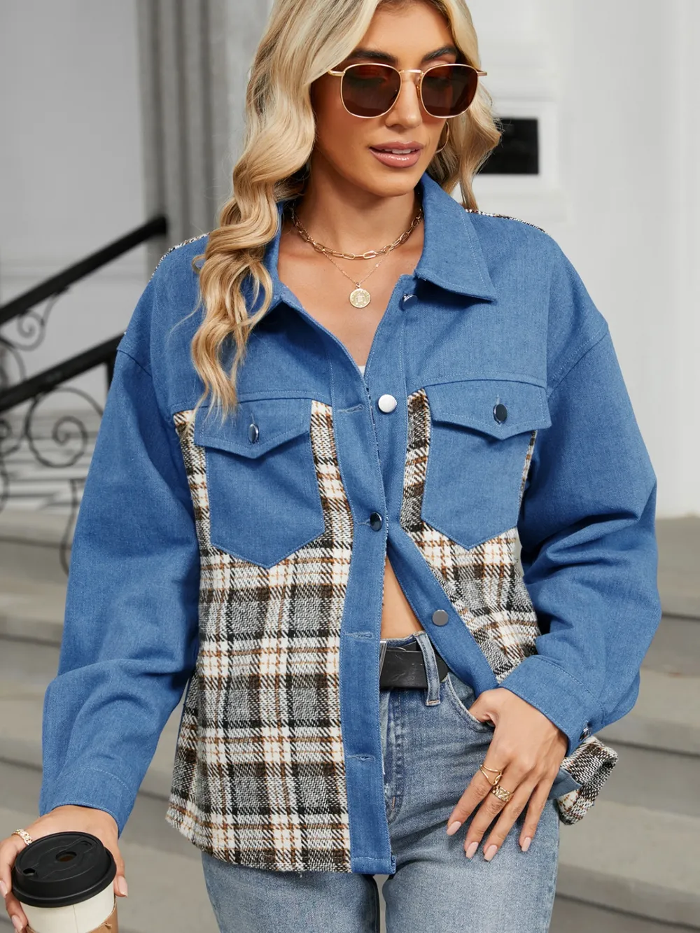 Plaid Button Up Long Sleeve Denim Jacket, image 5