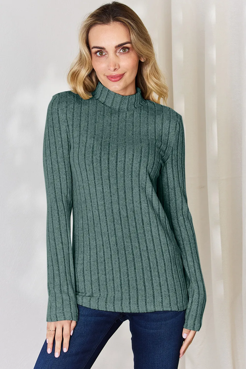 Full Size Ribbed Mock Neck Long Sleeve T-Shirt, image 7