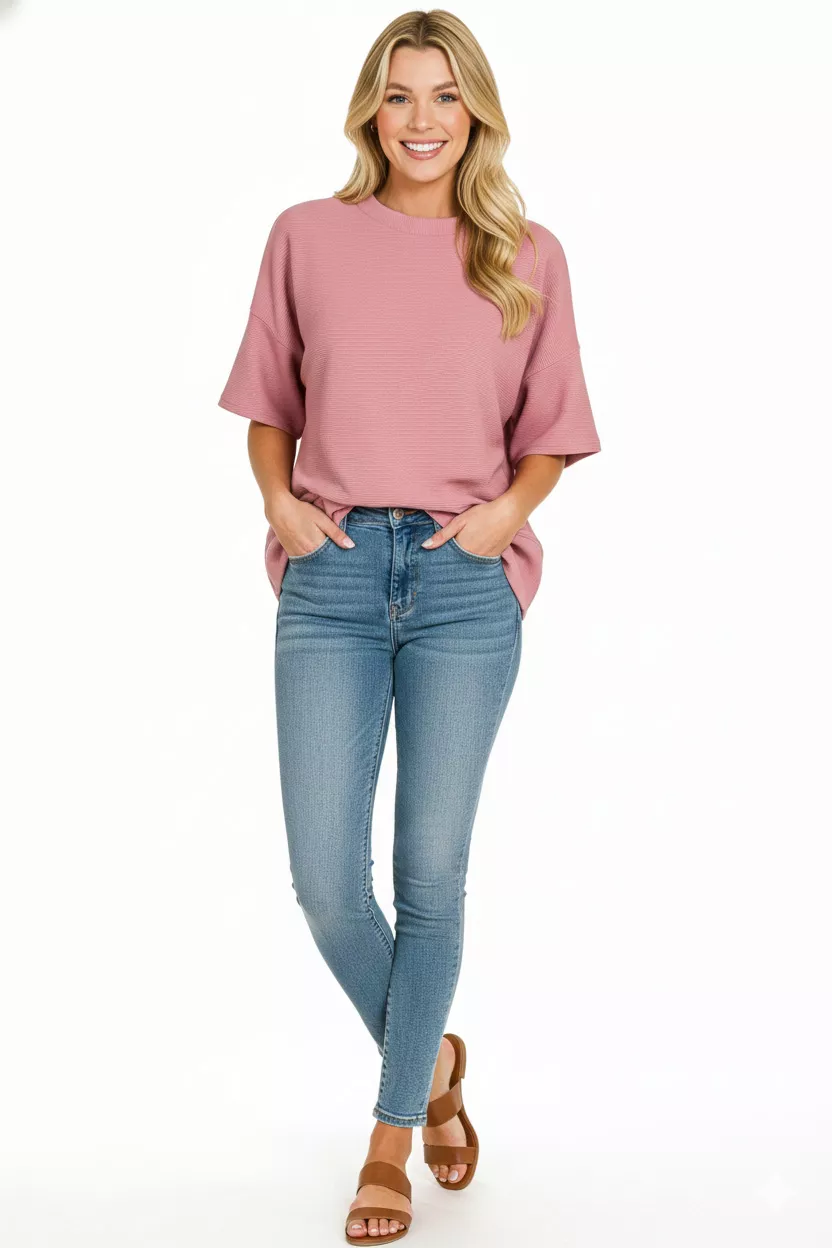 Ribbed Round Neck Waist Banded T-Shirt, image 3