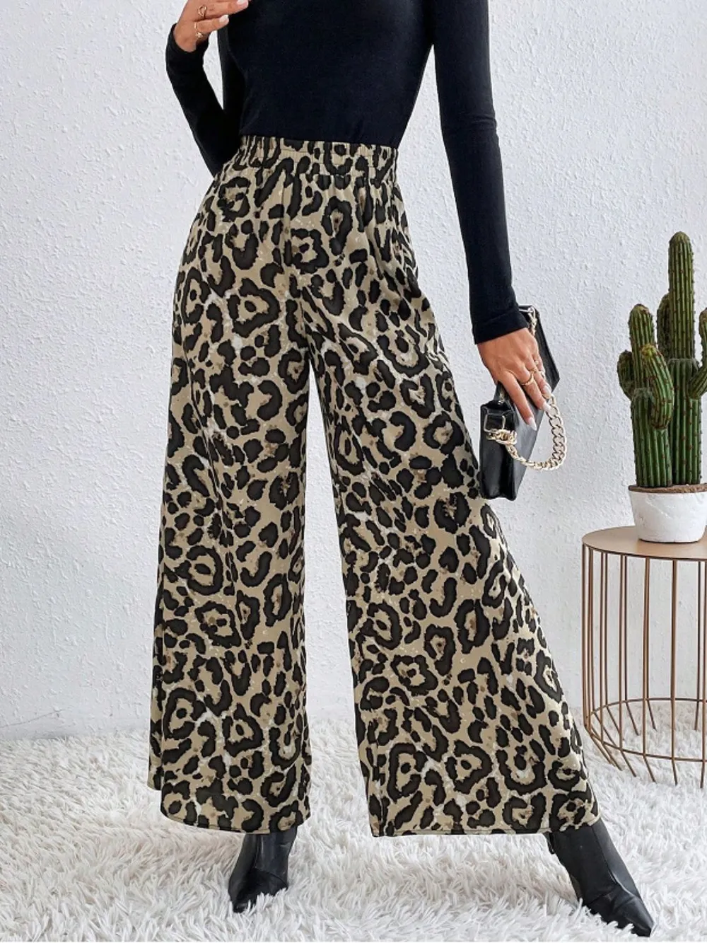 Printed Elastic Waist Wide Leg Pants, image 8