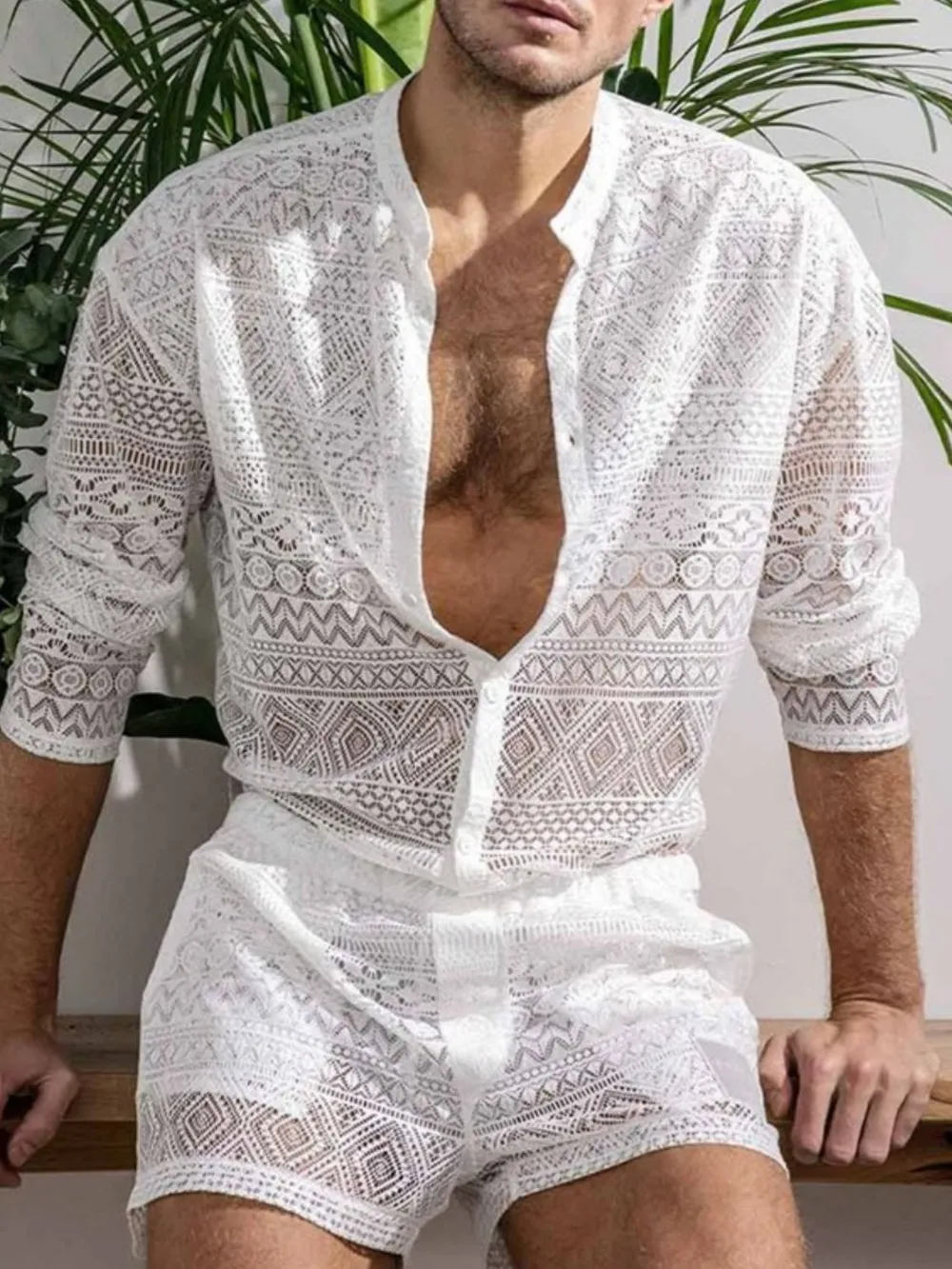 Men's Full Size Lace Button Down Top and Shorts Set Plus Size, image 2