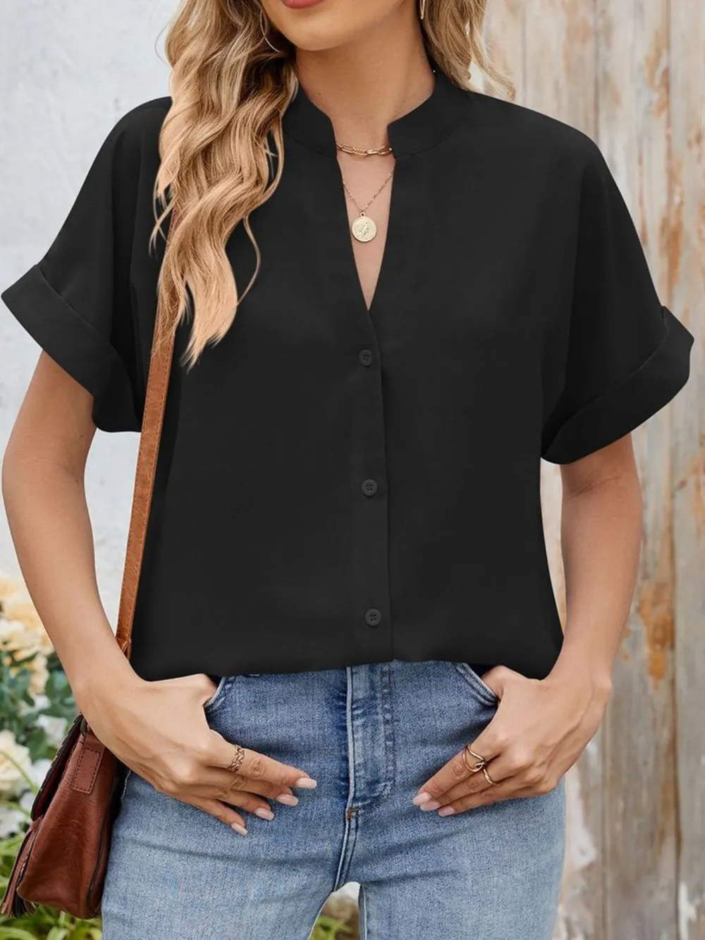 Notched Short Sleeve Blouse, image 9