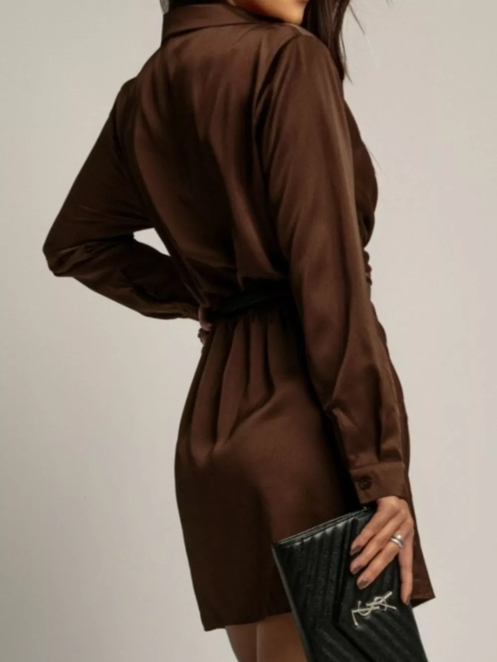 Collared Neck Long Sleeve Satin Dress, image 4