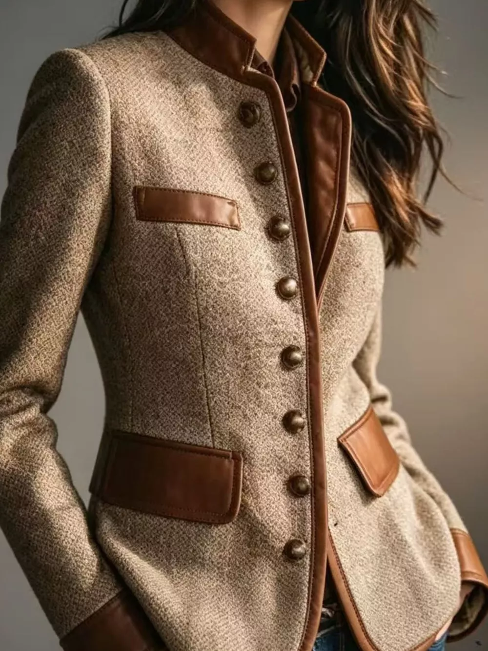Full Size Contrast Trim Tweed Outerwear Plus Size, image 2