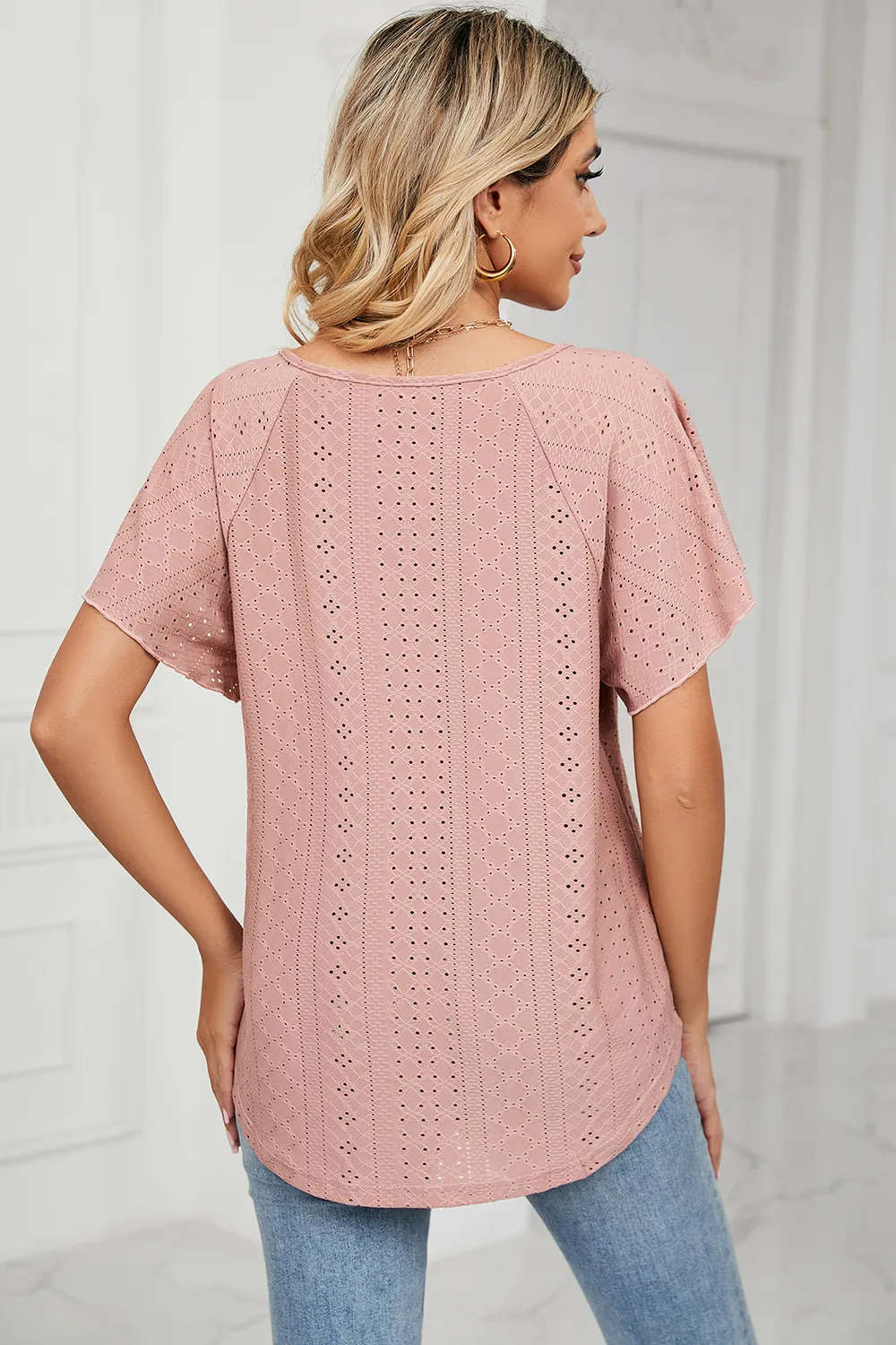 Eyelet Tie Neck Flutter Sleeve Blouse, image 23