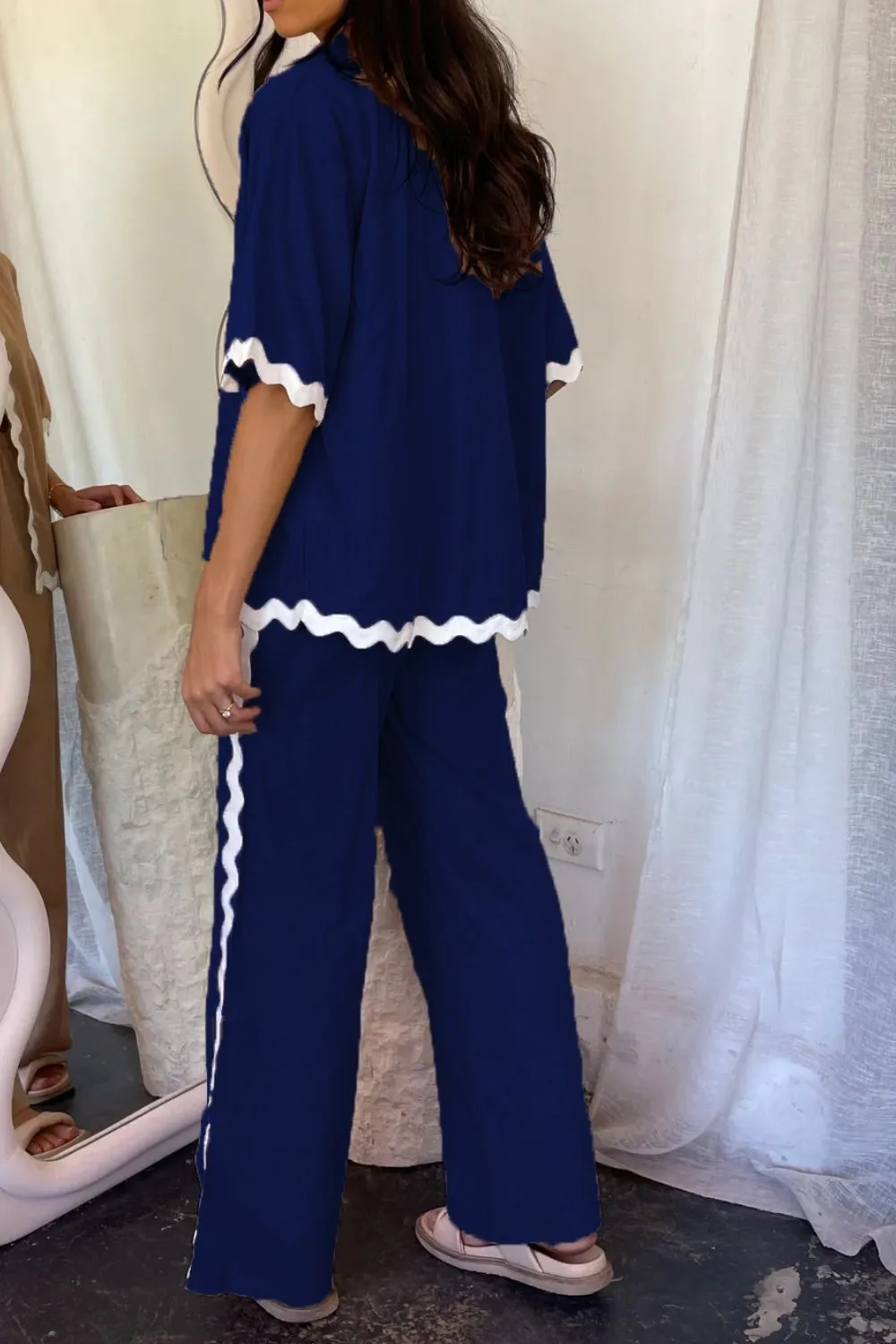 Contrast Trim Half Sleeve Top and Pants Set, image 2