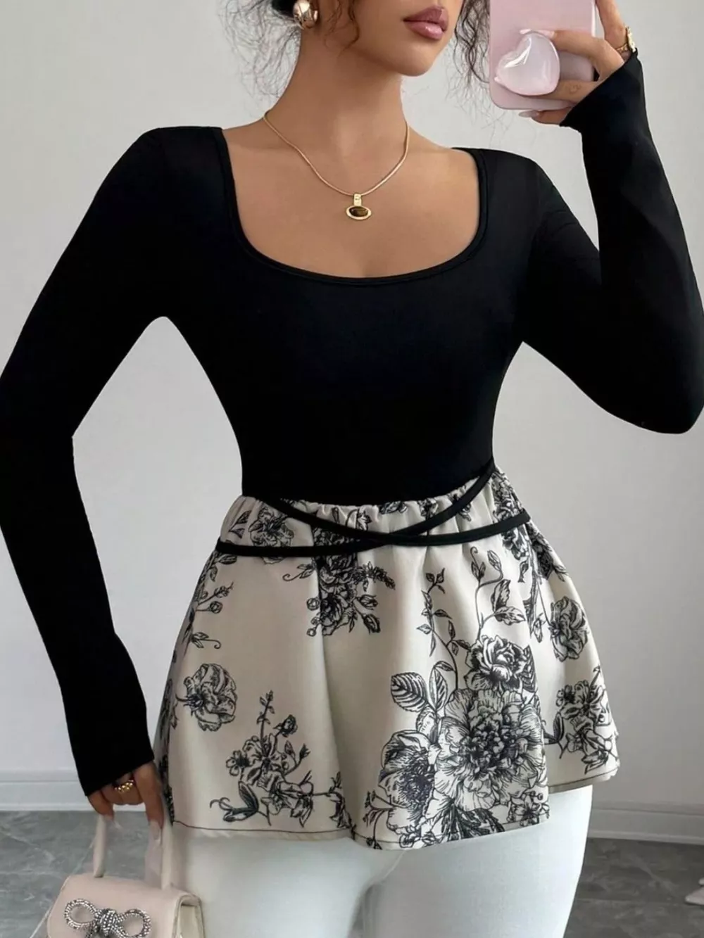 Floral Print Peplum Hem Long Sleeve Top, image 3