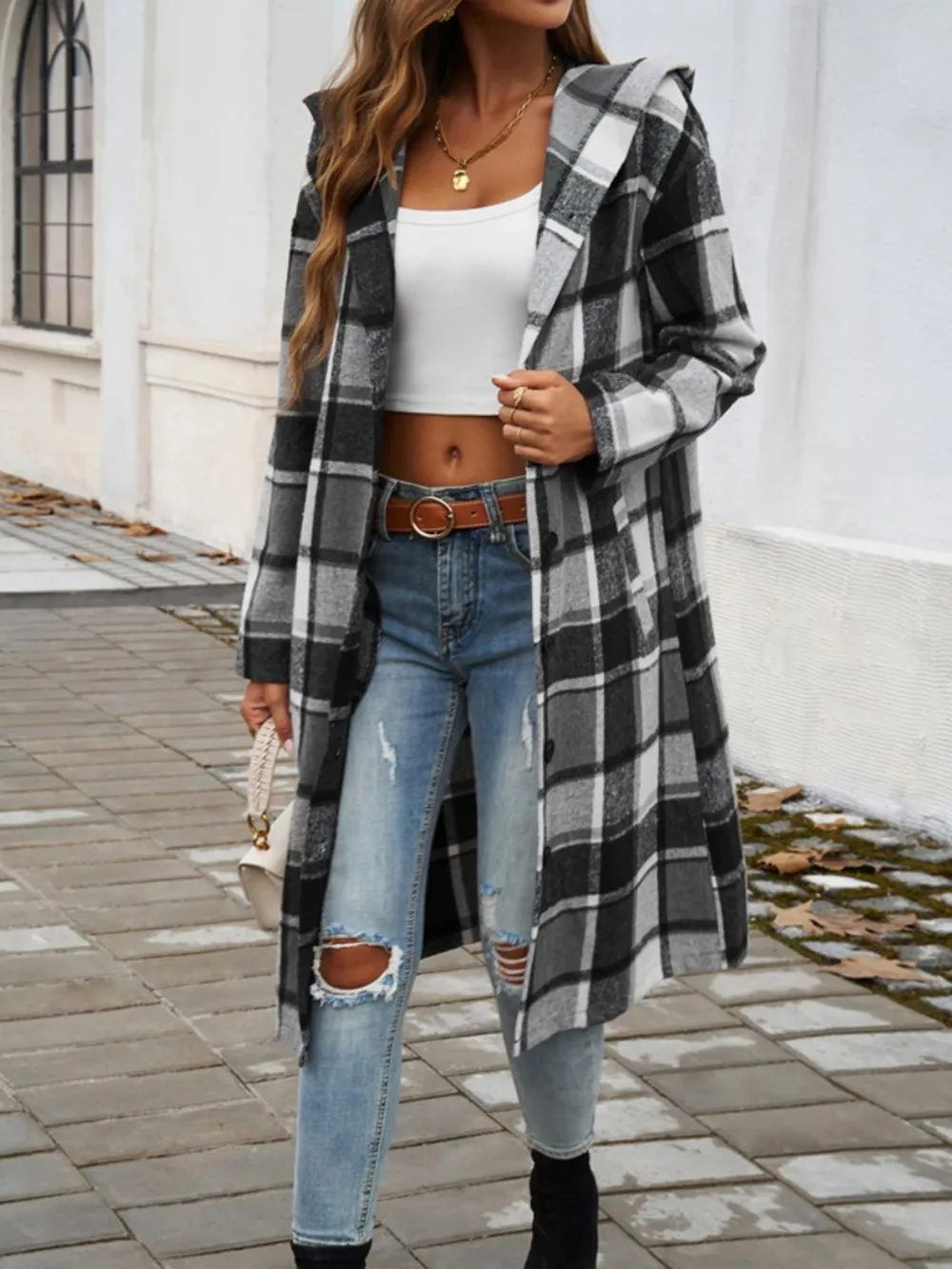 Plaid Long Sleeve Hooded Coat, image 12