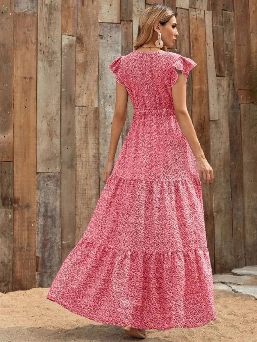 Printed V-Neck Ruffled Cap Sleeve Maxi Dress, image 5