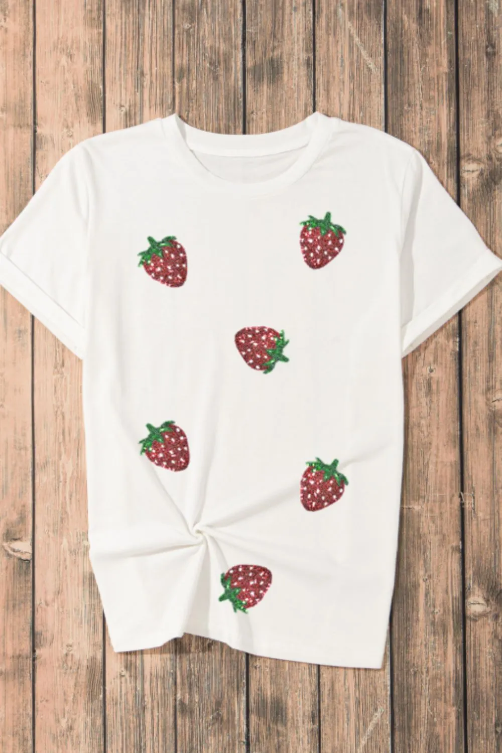 Sequin Strawberry Crew Neck Short Sleeve T Shirt, image 3