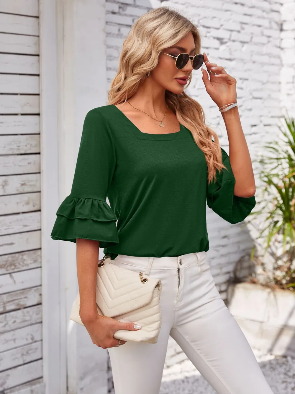 Ruffled Suqare Neck Half Sleeve Blouse, image 6