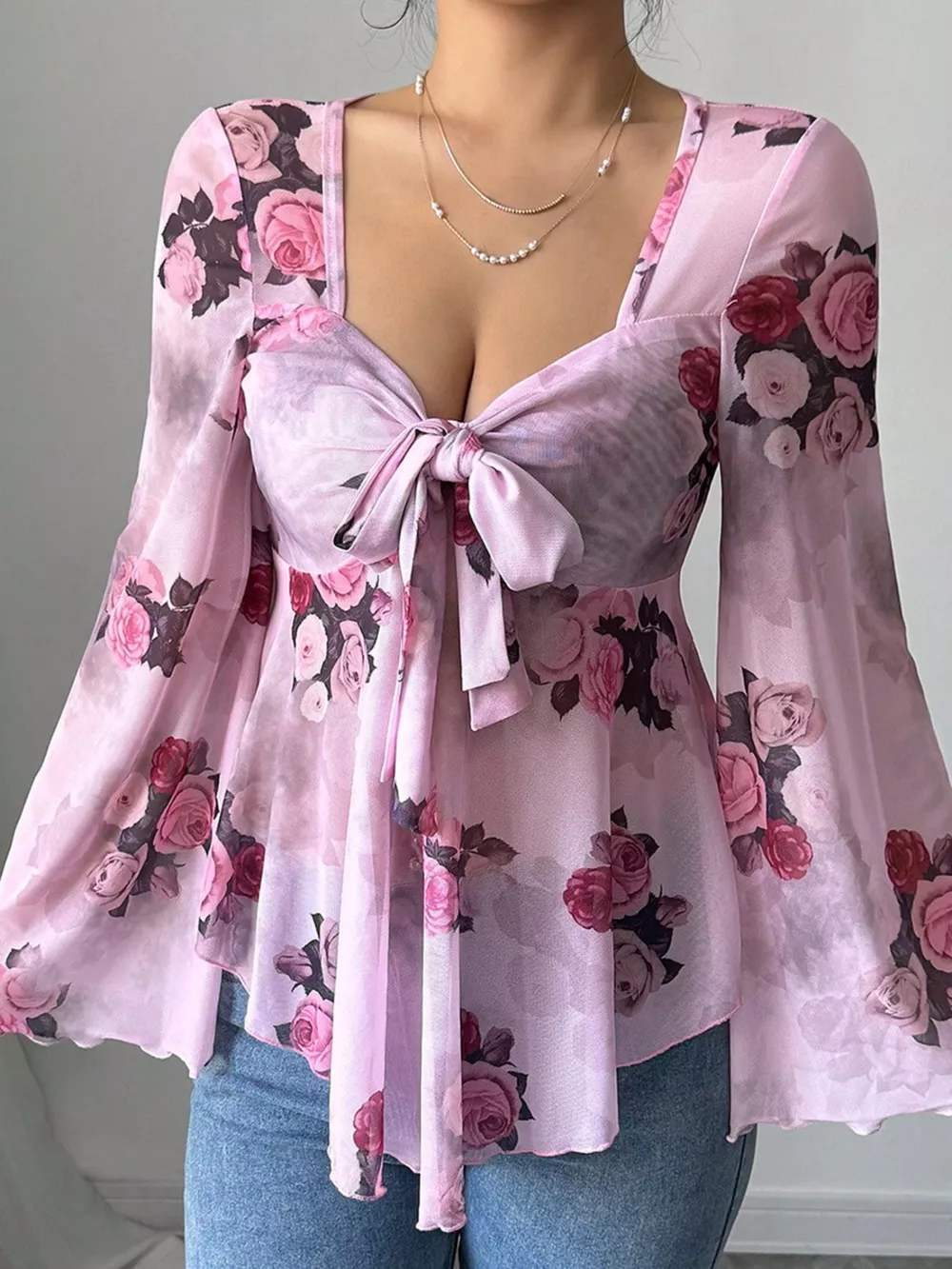 Floral Print Tie Front Flare Sleeve Blouse, image 3