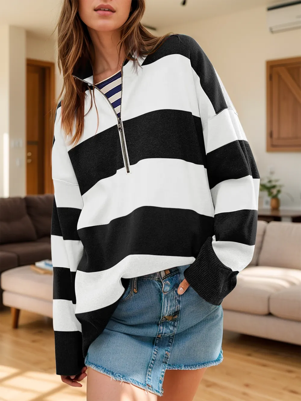 Color Block Half Zip Long Sleeve Sweater, image 5