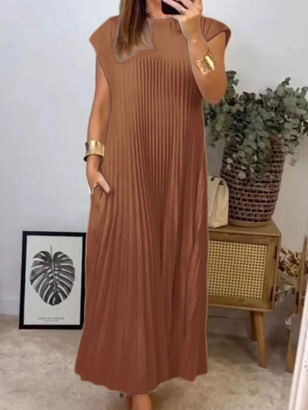 Full Size Pleated Round Neck Maxi Dress Plus Size, image 7